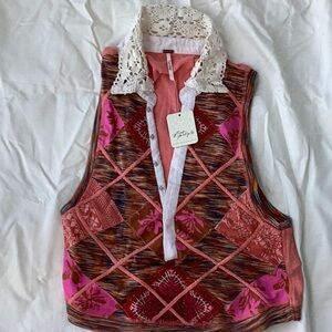 Free People Pink Embellished Button Down Shirt with crotchet collar